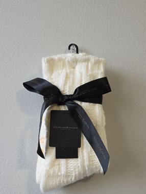 DONNA KARAN NY Cream Cable Knit Socks with Black Ribbon  With Antislip Silicon